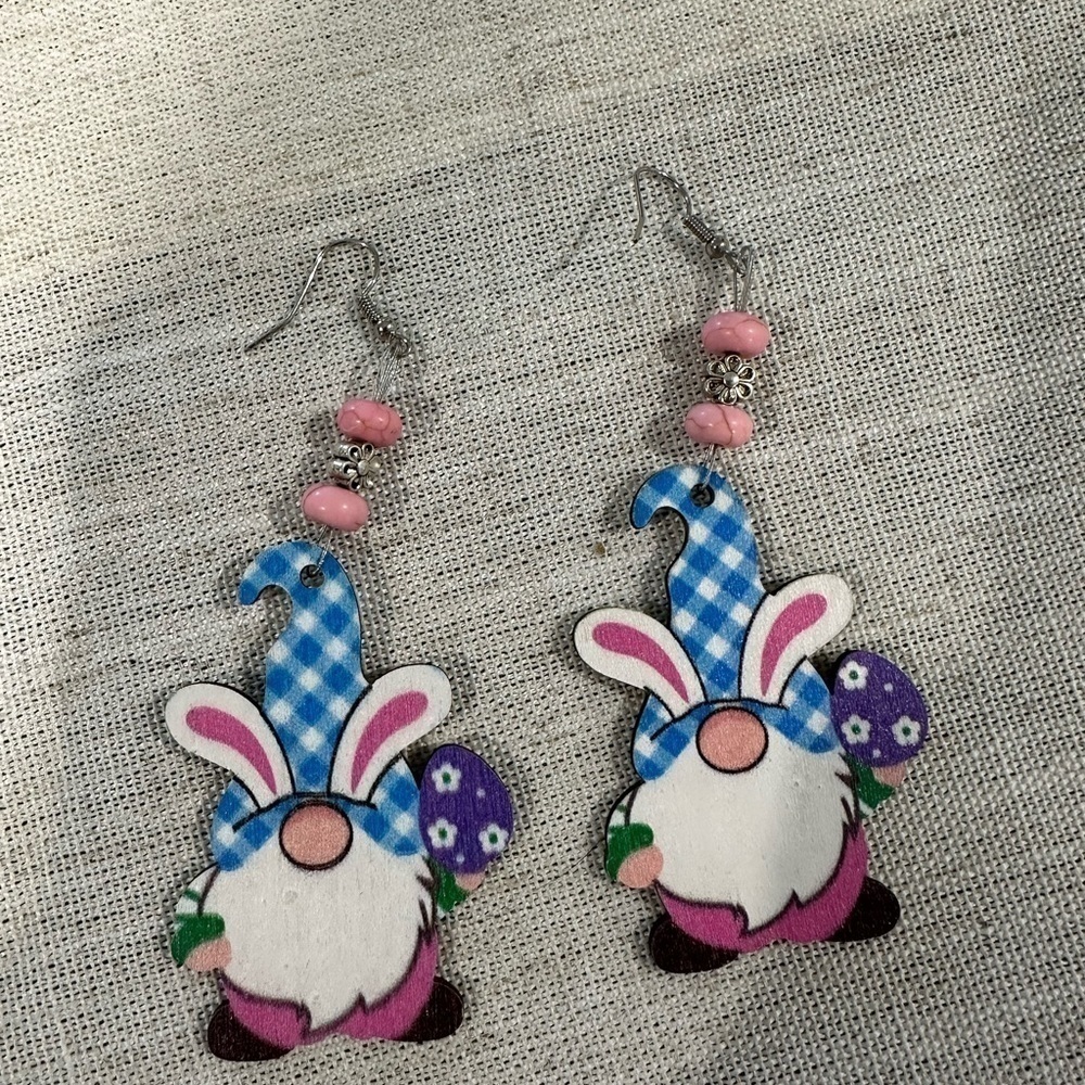 Wooden gnome, bunny, Easter earrings